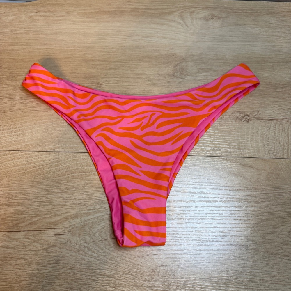 Neon Pink Orange Zebra Print High Cut Cheeky Bikini Bottoms Size M
